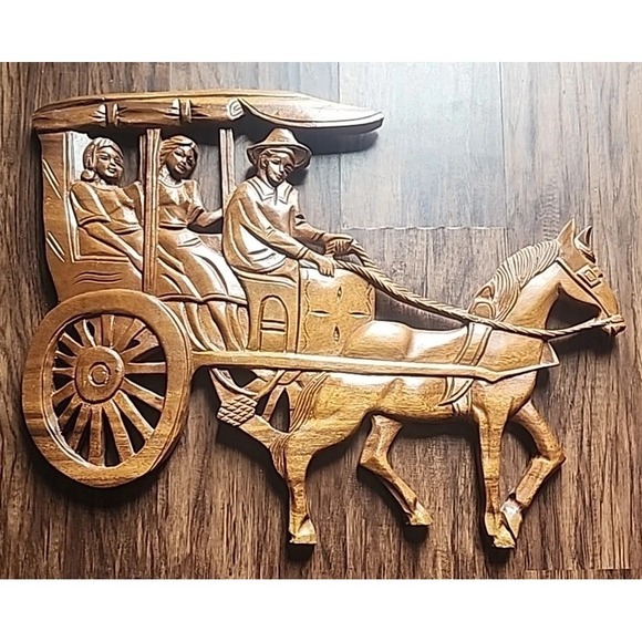 Other - Carved Solid Wood Horse & Carriage Wall Mounted Sculpture